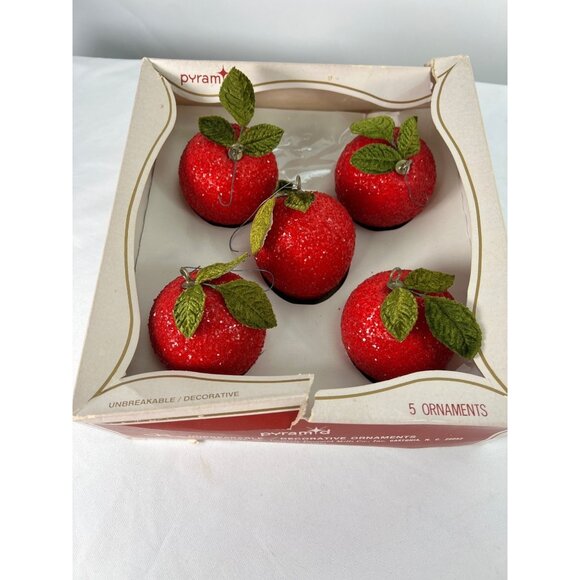 Pyramid Other - Set Of 5 Pyramid Red Crystal Sugar Apple Christmas Ornaments With Green Leaves